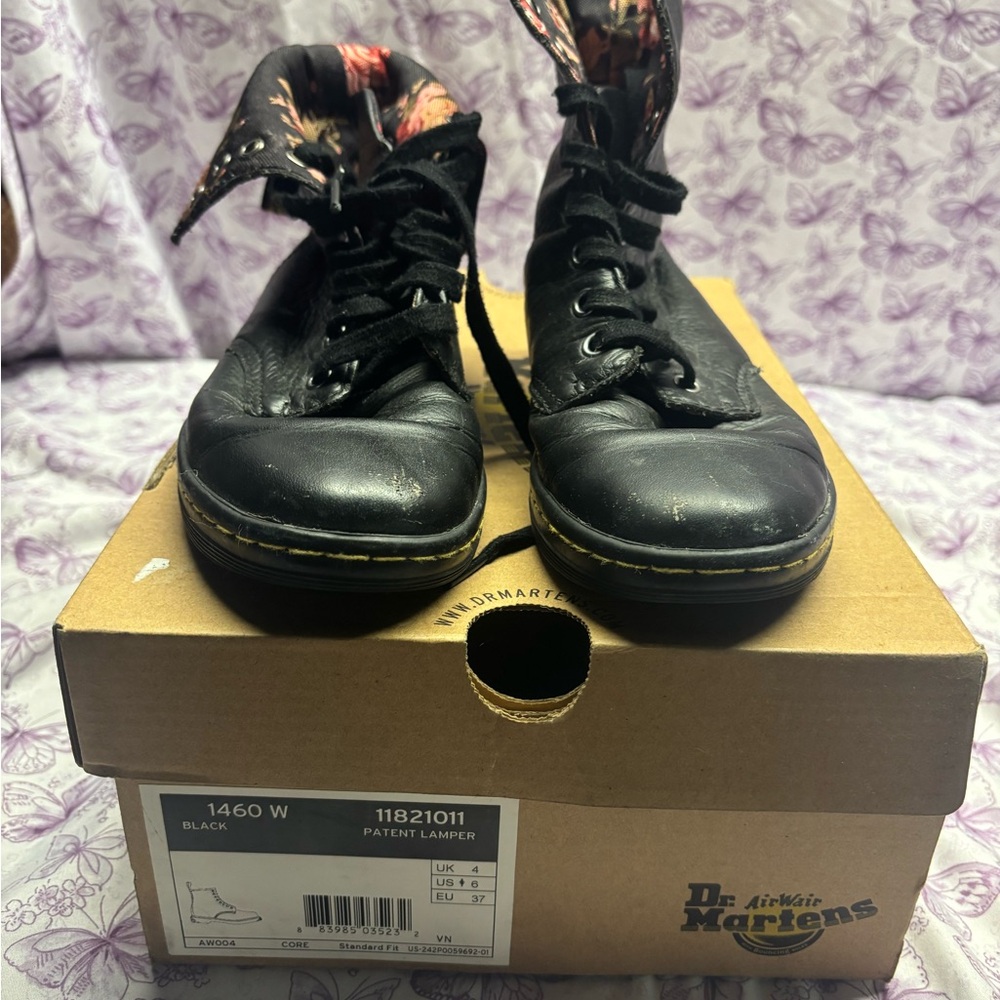 Dr. Martens Black Patent Leather Boots with Floral Lining